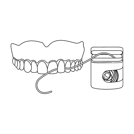 Cleaning the teeth with a Silk dental floss. Stomatology single icon in outline style vector symbol stock illustration web.のイラスト素材