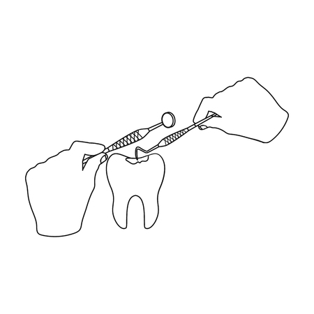 Manipulation, gesture of the hands of the dentist with the instrument over the damaged tooth. Stomatology single icon in outline style vector symbol stock illustration web.のイラスト素材