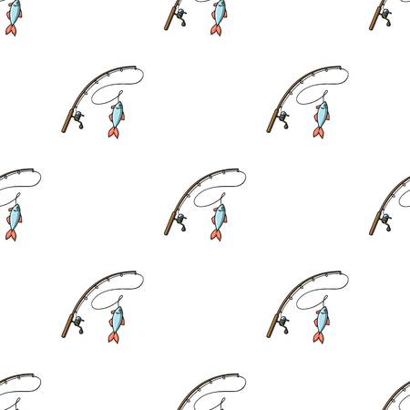 Fishing rod and fish icon in cartoon style isolated on white background. Fishing symbol stock vector illustration.のイラスト素材