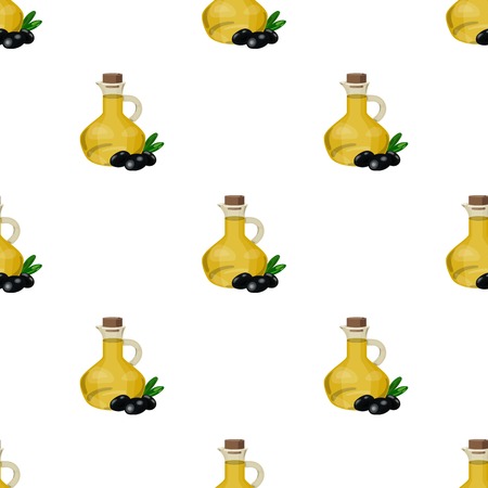 Olive oil bottle with cartoon olives branch icon in cartoon style isolated on white background. Greece symbol vector illustration.のイラスト素材