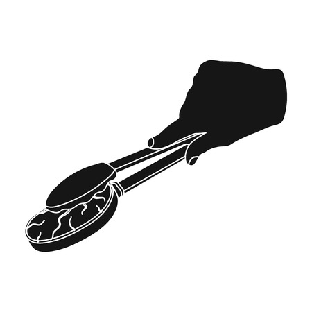 Tongs with raw steak. Eating and cooking single icon in black style vector symbol stock illustration web.のイラスト素材