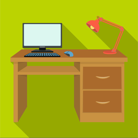 A desk with a computer and a desk lamp. Furniture and interior single icon in flat style Isometric vector symbol stock illustration .のイラスト素材