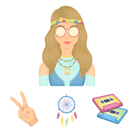 Amulet, hippie girl, freedom sign, old cassette.Hippy set collection icons in cartoon style vector symbol stock illustration web.のイラスト素材