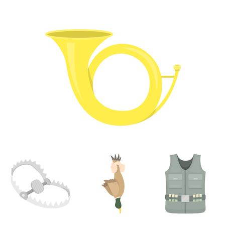 A trophy in his hand, a steel trap, a hunting vest with patronage, a horn..Hunting set collection icons in cartoon style vector symbol stock illustration web.のイラスト素材