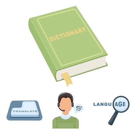 A translator in headphones, a magnifying glass showing translation, a button with an inscription, a book with a bookmark. Interpreter and translator set collection icons in cartoon style vector symbol stock illustration web.のイラスト素材