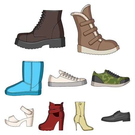 A set of icons on a variety of shoes.Different shoes single icon in cartoon style vector symbol stock illustration.のイラスト素材