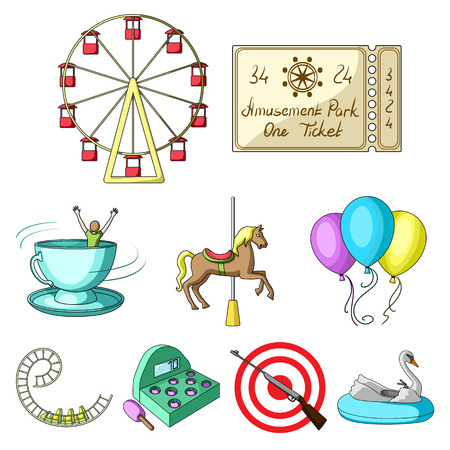 The amusement Park rides. The attributes of a recreational Park, panic room, cotton candy.Amusement Park icon in set collection on cartoon style vector symbol stock web illustration.のイラスト素材