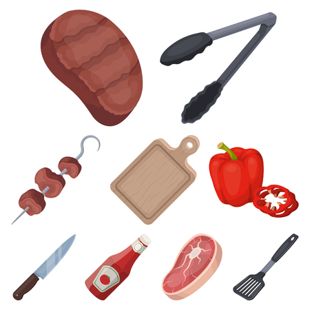 Meat, steak, firewood, grill, table and other accessories for barbecue.BBQ set collection icons in cartoon style vector symbol stock illustration .のイラスト素材