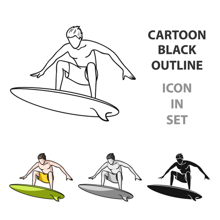 Cartoon black outline icon set of Surfer in action icon.のイラスト素材