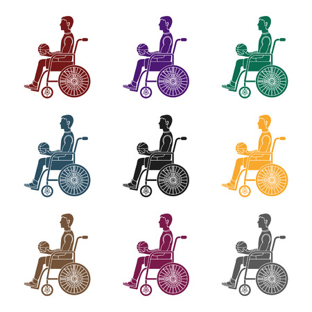 Set of different colors of in wheelchair playing basketball icon.のイラスト素材
