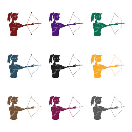 A girl stands in profile and holds the bow.Shooting a bow at a target.active sports single icon in black style vector symbol stock web illustration.のイラスト素材