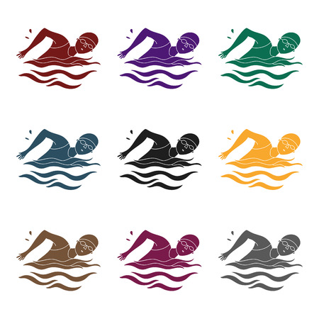 Swimmer in cap and goggles swimming in the pool.active sports single icon in black style vector symbol stock web illustration.のイラスト素材