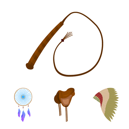 Saddle, Indian mohawk, whip, dream catcher.Wild west set collection icons in cartoon style vector symbol stock illustration web.のイラスト素材
