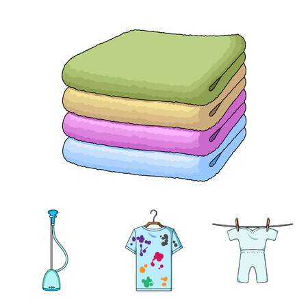 Vacuum cleaner, a stack of cloth, dirty and clean things. Dry cleaning set collection icons in cartoon style vector symbol stock illustration web.のイラスト素材