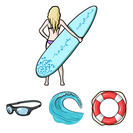 Oncoming wave, life ring, goggles, girl surfing. Surfing set collection icons in cartoon style vector symbol stock illustration web.のイラスト素材