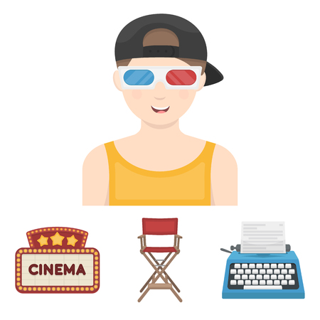 Chair of the director, typewriter, cinematographic signboard, film-man. Films and cinema set collection icons in cartoon style vector symbol stock illustration .のイラスト素材