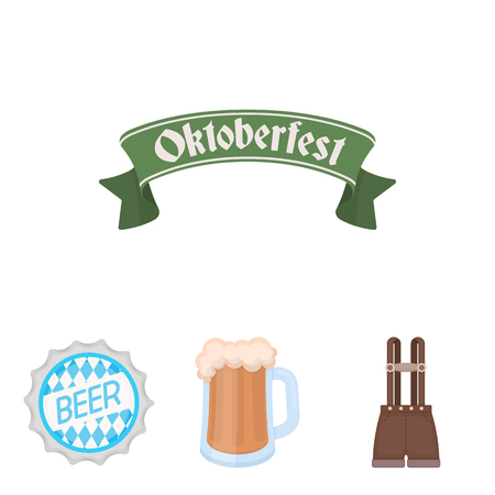 Shorts with suspenders, a glass of beer, a sign, an emblem. Oktoberfest set collection icons in cartoon style vector symbol stock illustration .のイラスト素材
