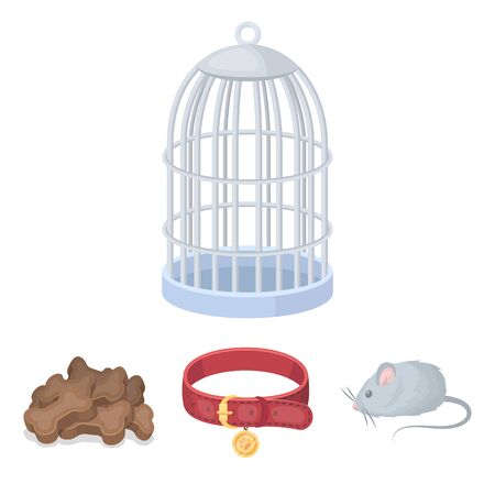 A collar, a forage, a toy, a cage and other products of the zoo store.Pet shop set collection icons in cartoon style vector symbol stock illustration web.のイラスト素材
