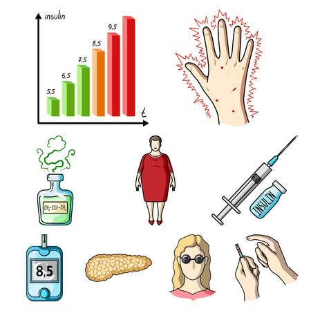 A set of icons about diabetes mellitus. Symptoms and treatment of diabetes. Diabetes icon in set collection on cartoon style vector symbol stock web illustration.のイラスト素材