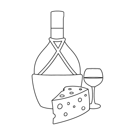 A bottle of alcohol, wine in a glass and cheese. Alcohol single icon in outline style vector symbol stock illustration .のイラスト素材