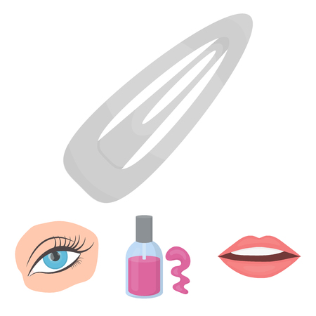Nail polish, tinted eyelashes, lips with lipstick, hair clip.Makeup set collection icons in cartoon style vector symbol stock illustration .のイラスト素材