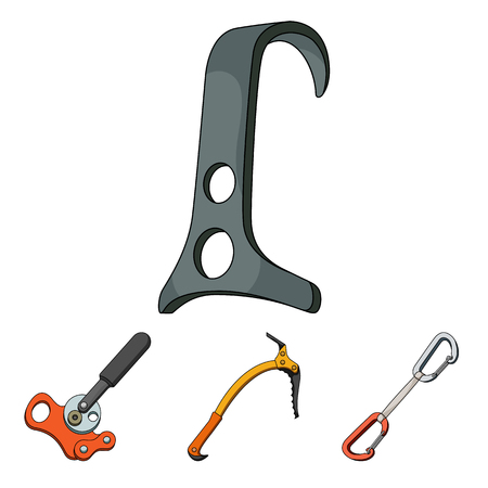 An ice ax, a carbine and other equipment.Mountaineering set collection icons in cartoon style vector symbol stock illustration .のイラスト素材