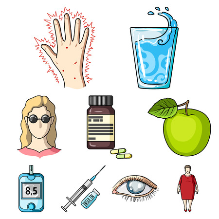 A set of icons about diabetes mellitus. Symptoms and treatment of diabetes. Diabetes icon in set collection on cartoon style vector symbol stock web illustration.のイラスト素材