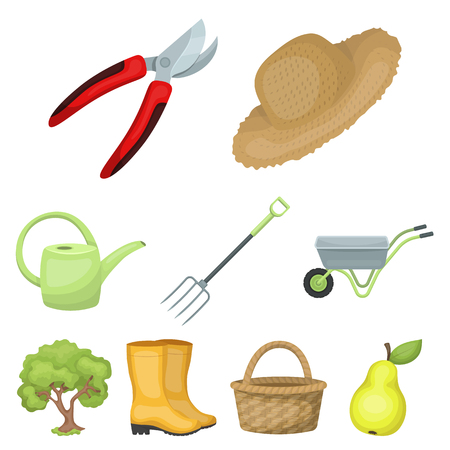 Set of pictures about gardening. Village, vegetable garden, garden, ecology.Farm and Gardening icon in set collection on cartoon style vector symbol stock web illustration.のイラスト素材
