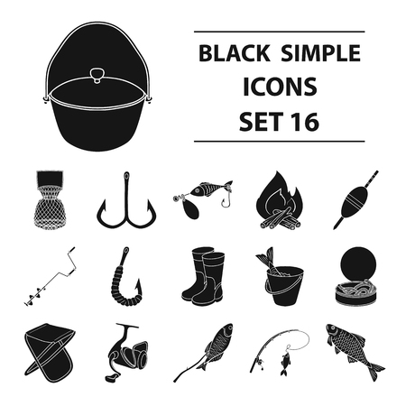Fishing set icons in black style. Big collection of fishing vector symbol stock illustrationのイラスト素材