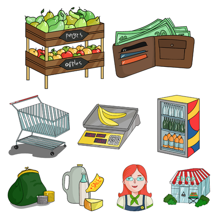 Supermarket, shopping in the store. A selection of pictures on the topic of shopping.Supermarket icon in set collection on cartoon style vector symbol stock web illustration.のイラスト素材