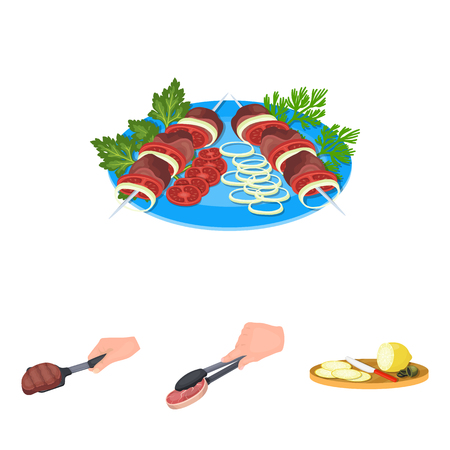 Tongs with steak, fried meat on a scoop, slicing lemon and olives, shish kebab on a plate with vegetables. Food and Cooking set collection icons in cartoon style vector symbol stock illustration .のイラスト素材