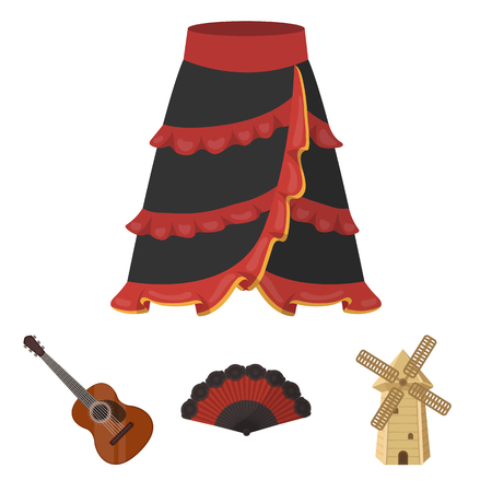 Fan Spanish, mill, guitar, skirt for national Spanish dances. Spain country set collection icons in cartoon style vector symbol stock illustration .のイラスト素材
