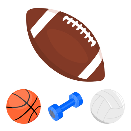 Blue dumbbell, white soccer ball, basketball, rugby ball.のイラスト素材