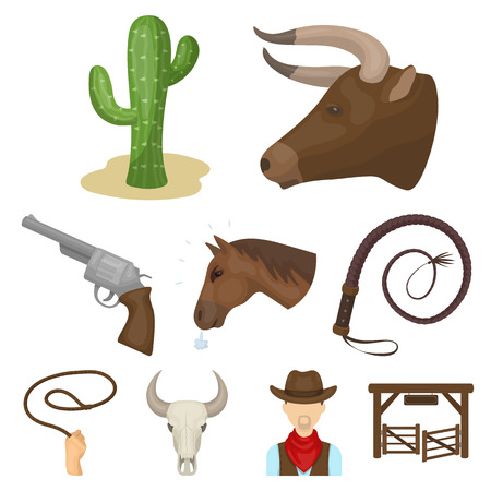 A set of pictures about cowboys. Cowboys on the ranch, horses, weapons, whips.Rodeo icon in set collection on cartoon style vector symbol stock illustration.のイラスト素材