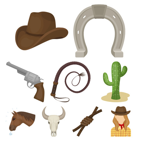 A set of pictures about cowboys. Cowboys on the ranch, horses, weapons, whips.Rodeo icon in set collection on cartoon style vector symbol stock illustration.のイラスト素材