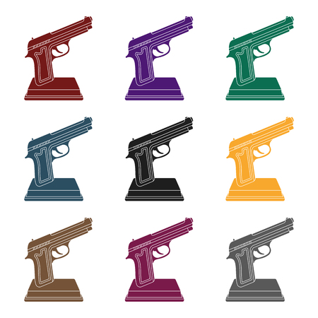 Golden gun on a stand.Award for best crime film.Movie awards single icon in black style vector symbol stock illustration.のイラスト素材