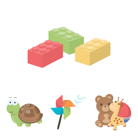 A toy propeller, a teddy bear with a giraffe and a colorful ball, a toy turtle, a lego, a designer for children.のイラスト素材