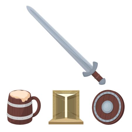 A gate to the treasure, a shield for protection, a mug with a bra, a sword. Vikings set collection icons in cartoon style vector symbol stock illustration .のイラスト素材
