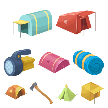 Various kinds of tents and other tourist accessories. The tent set collection icons in cartoon style vector symbol stock illustration .のイラスト素材