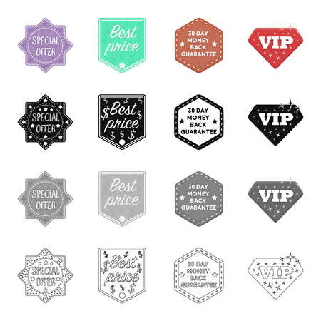 Different types of labels, special offer, VIP. Label set collection icons in cartoon black monochrome outline style vector symbol stock illustration web.のイラスト素材