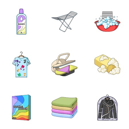Washing machine, powder, iron and other equipment. Dry cleaning set collection icons in cartoon style vector symbol stock illustration .のイラスト素材