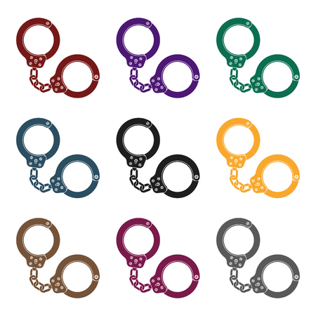 Metal handcuffs for detaining criminals. Outfit of a policeman.Prison single icon in black style vector symbol stock illustration.のイラスト素材