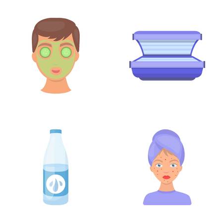 Face mask, solarium, bottle ts lasenom, pimples on face. Skin Care set collection icons in cartoon style vector symbol stock illustration web.のイラスト素材