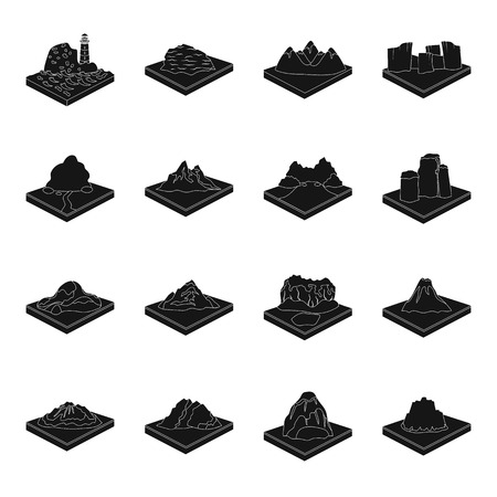 Mountains, rocks, lighthouse, volcano and other land reliefs. Mountains and landscapes set collection icons in black style isometric vector symbol stock illustration web.のイラスト素材