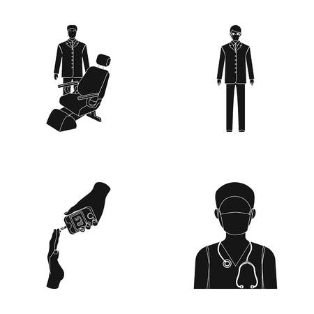 Doctor in a face mask, dentist, medical staff, a blood test for sugar. Medicineset collection icons in black style vector symbol stock illustration web.のイラスト素材