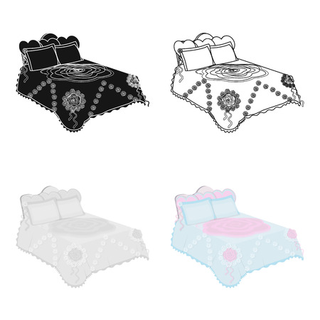 King bed with white blanket.Queen bed with pink pillows.Bed single icon in cartoon style vector symbol stock illustration.のイラスト素材
