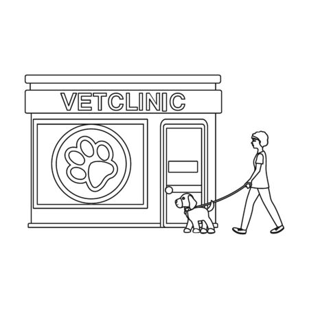 Visiting the vet clinic, the pet,dog on a leash with the hostess. Pet,dog care single icon in outline style vector symbol stock illustration web.のイラスト素材