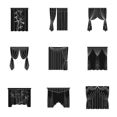 Curtains, cornice, print, and other  icon in black style. Fabric, ribbon, bow icons in set collectionのイラスト素材