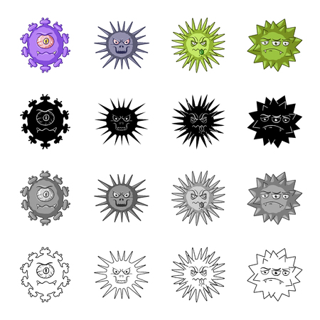 Different types of bacteria and viruses. Funny Viruses set collection icons in cartoon black monochrome outline style vector symbol stock illustration .のイラスト素材