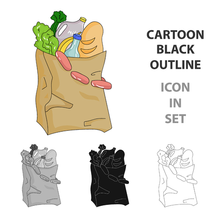 Paper bag filled with food icon in cartoon style isolated on white background. Supermarket symbol stock vector illustration.のイラスト素材